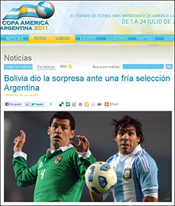 아르헨티나는 볼리비아와 가까스로 무승부를 기록, 체면을 구겼다.