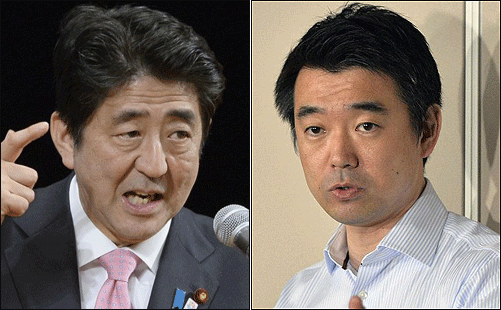 아제 신조 일본 총리(왼쪽)와 하시모토 도루 오사카 시장.ⓒ연합뉴스