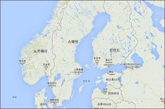 스칸디나비아 반도 가운데 가장 넓은 영토를 차지하고 있는 스웨덴은 서쪽으로 노르웨이와 덴마크, 동쪽으로 핀란드와 발틱 3국에 접하고 있다. (구글맵)