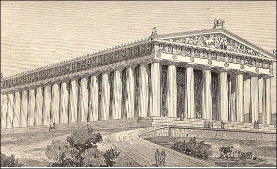 파르테논 신전의 복원 상상도이다. 프로필리아 쪽에서 바라본 모습이다.  출처: http://commons.wikimedia.org/wiki/File:ParthenonRekonstruktion.jpg