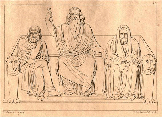 죽은 자들을 심판하는 사후의 심판관들, 가운데가 미노스, 그의 오른쪽이 라다만티스, 그의 왼쪽에 앉은 이가 아이아코스이다. Ludwig Mack(1799-1831), 1829 작 