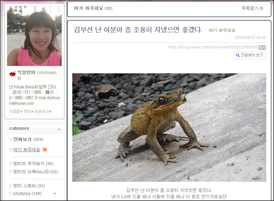 가수 방미가 김부선에게 비난의 목소리를 내 화제가 되고 있다. 가수 방미 블로그 화면캡처.