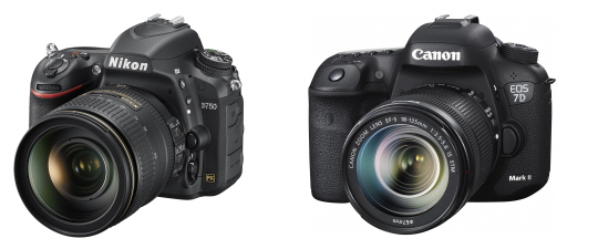 니콘이 선보인 FX포맷 초고화질의 DSLR 카메라 D750(왼쪽)과 캐논의 APS-C 타입 플래그십 DSLR 카메라 'EOS 7D MarkⅡ'.ⓒ각사