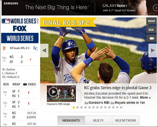 캔사스시티가 월드시리즈에서 샌프란시스코에 2승 1패로 앞서가기 시작했다. ⓒ MLB.com 홈페이지 캡처