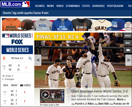 캔자스시티를 꺾고 시리즈 동률을 이룬 샌프란시스코. ⓒ mlb.com