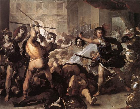 페르세우스가 자기를 공격하는 피네우스에게 메두사의 머리를 보이고 있다. 메두사의 머리를 본 피네우스와 그의 동료들은 모두 돌로 변했다. 피네우스(Phineus)와 그의 동료들과 싸우는 페르세우스, Luca Giordano(1632~1705)의 1632년 작, 높이 285 cm, 너비 366 cm, 런던 대영박물관 소장, 사진 Web Gallery of Art 