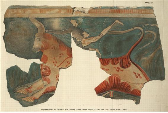 투우경기의 모습이다. 티린스에서 발굴된 프레스코화의 복원품, 하인리히 슐리만(Heinrich Schliemann, 1822~1890) 