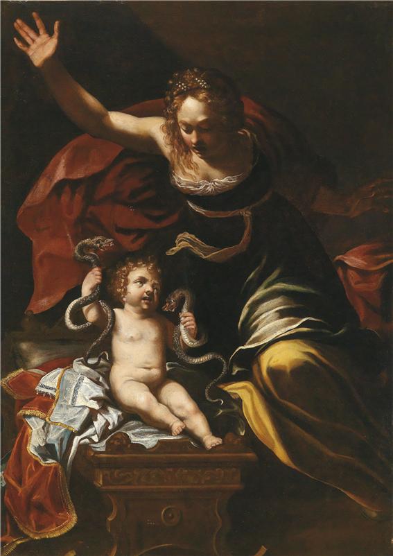 침실에 침입한 뱀을 무서워하지 않고 목을 죄는 아기 헤라클레스, 오히려 보모가 크게 놀라고 있다. Bernardino Mei(1612/15~1676) 1676 작 