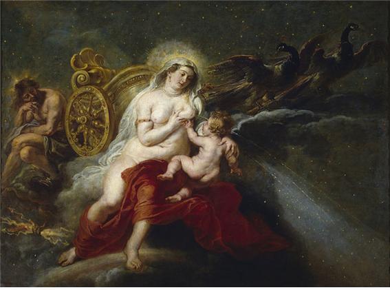 헤라클레스에게 젖을 물리는 헤라, 한편에서 제우스가 이들의 모습을 근심스런 표정으로 바라보고 있다. 헤라클레스를 뿌리치면 뿜어 나온 헤라의 젖은 은하수(milky way)가 된다. Peter Paul Rubens(1577~1640) 1636년 작, 프라도 미술관 소장 