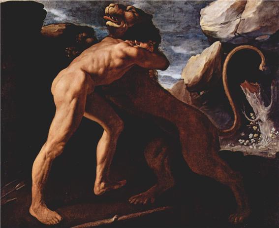 네메아의 사자의 목을 조르고 있는 헤라클레스, 사자가 혀를 내밀고 숨가빠하고 있다. Francisco de Zurbaran(1598~1664) 1634년 작, 프라도 미술관 소장