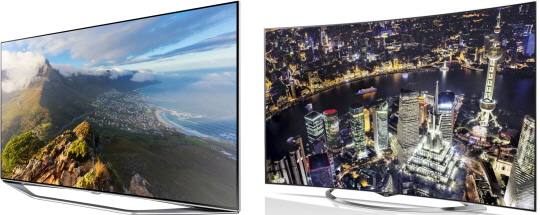 영국에서 호평을 받은 삼성전자 40형 풀HD TV 'UE40H7000'(왼쪽)과 미국에서 테스트평가 1위를 차지한 LG전자 65형 울트라 올레드 TV '65EC9700'.ⓒ양사