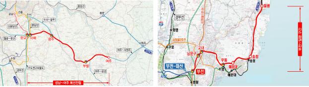 성남~여주(57km) 노선과 부전~일광(28.1km) 노선   화물차 이동작업 ⓒ국토교통부