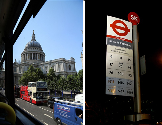 왼쪽 사진은 더블데커의 2층에서 본 세인트폴대성당. 앞쪽으로 오픈투어버스가 지나가고 있다. 오른쪽 사진은 버스 정류소의 버스 번호. N은 심야버스라는 표시. ⓒ Get About 트래블웹진