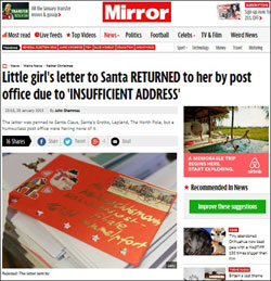 아일랜드에서 3살 여자 아이가 산타클로스에게 보낸 편지가 수취인 불명으로 반송돼 동심이 파괴되는 안타까운 일이 발생했다. 영국 미러지 홈페이지 화면 캡처.