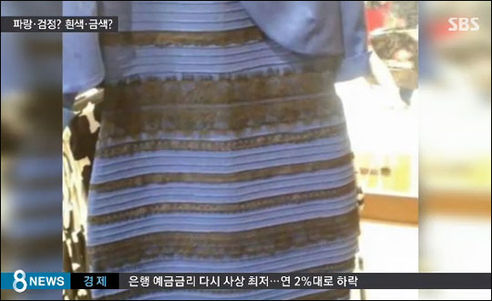 사람에 따라 ‘파란색-검정색’과 ‘흰색-금색’으로 달리 보여 전세계적으로 색깔 논쟁을 일으켰던 문제의 드레스가 30분만에 완판됐다고 ‘연합뉴스’가 28일 보도했다. 드레스 색깔 논란을 보도한 SBS 뉴스 화면 캡처. 