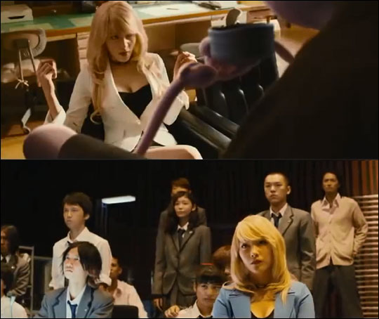 카라 출신 강지영이 일본에서 섹시한 교사 컨셉으로 스크린에 데뷔한다. 영화 '암살교실' 예고편 화면캡처.