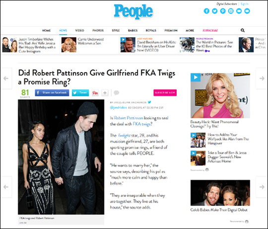 할리우드 배우 로버트 패틴슨과 영국 가수 에프케이에이 트위그스의 약혼설이 제기돼 관심을 끌고 있다. 미국 피플 보도화면캡처.