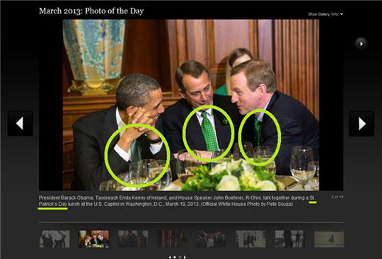 2013년 3월 19일 미국 워싱턴 DC의 국회의사당 식당에서 열린 성 패트릭 데이 오찬 행사에서 버락 오바마 미 대통령(왼쪽부터), 미 하원 의장 John Boehner(오하이오주 민주당의원), 아일랜드 총리 Enda Kenny, 3인 모두 초록색 계열 넥타이를 맸다. 백악관 홈페이지 화면 캡처.
