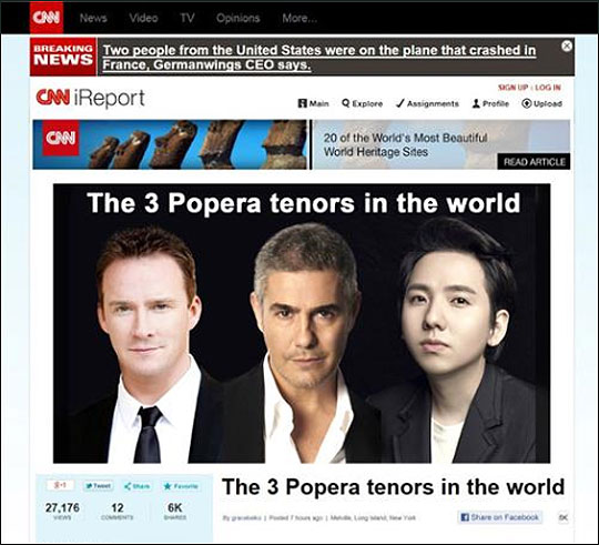 한국 팝페라 가수 임형주가 미국 방송사 CNN이 뽑은 '세계 3대 테너'에 이름을 올렸다. CNN아이리포트 홈페이지 화면 캡처