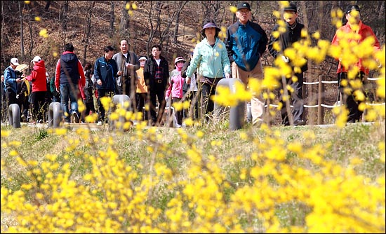 풍암호수공원에서 꽃을 피운 노란 개나리 사이로 주민들이 산책하고 있다.(자료사진) ⓒ데일리안 박항구 기자
