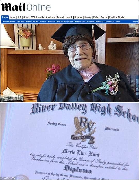 지난 1928년 부보님 대신 어린 동생들을 돌보기 위해 고등학교를 중퇴했던 103세 할머니가 87년 만에 고등학교 졸업장을 받아 화제다. 데일리메일 홈페이지 화면캡처.