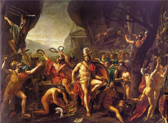 테르모필레 협곡의 전투 장면을 묘사했다. 중앙의 인물이 레오니다스 왕이다. Jacques-Louis David(1748·1825)의 1793년 작