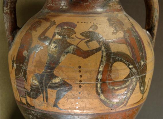 용과 싸우는 카드모스의 모습, 에우보이아에서 발굴된 암포라, 기원전 560~550년 경 작품