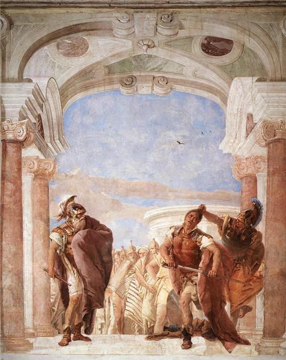 아테나 여신이 아가멤논을 죽이기 위해 칼을 빼려는 아킬레우스의 머리채를 잡아당기며 분노를 가라앉히라고 명령하고 있다. ‘아킬레우스의 분노’, Giovanni Battista Tiepolo(1696·1770)작, 나폴리 국립 고고학 박물관