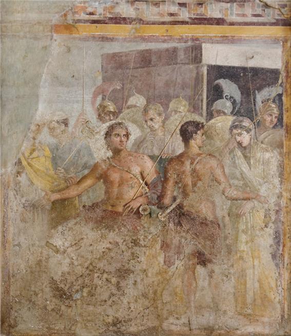 ‘브리세이스를 인도하는 아킬레우스’, 아킬레우스가 아가멤논이 보낸 전령에게 브리세이스를 넘겨주는 장면을 그린 프레스코화이다. 폼페이 유적지에서 발굴되었다. 1세기 작품 나폴리 국립 고고학 박물관