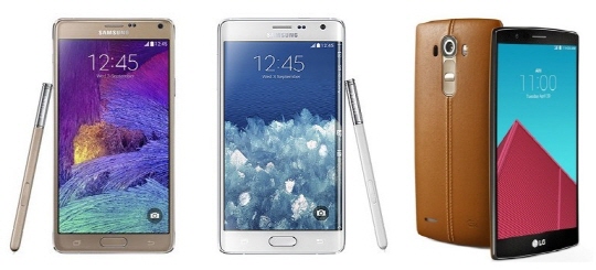 왼쪽부터 삼성 '갤럭시노트4', '갤럭시노트 엣지', LG 'G4'