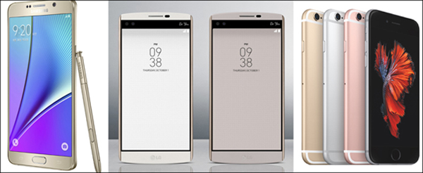 삼성 '갤럭시노트5' 제품 사진(왼)/LG 'LG V10'(가)/애플 '아이폰6S'제품 사진(오).ⓒ삼성전자/LG전자/애플