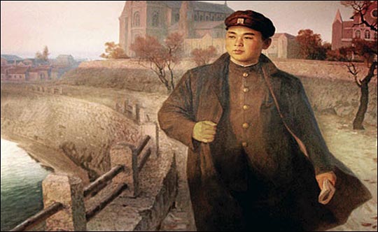 1920년대 중학생 신분으로 중국 동북지역에서 혁명활동을 했다는 북한의 주장을 담은 '김일성 초상'. 캐나다 일간신문 '글로브 앤 메일(Globe and Mail)'이 함경북도 나선시 나진 미술관에서 촬영한 이 초상화는 2010년 12월 7일자 이 신문에 보도됐다. 사진은 서옥식 위원 제공
