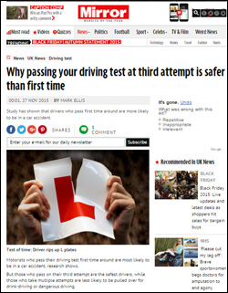 영국에서 면허 응시 횟수가 많을수록 안전운행 한다는 조사가 이루어졌다. 사진은 데일리 미러의 원문 캡쳐.