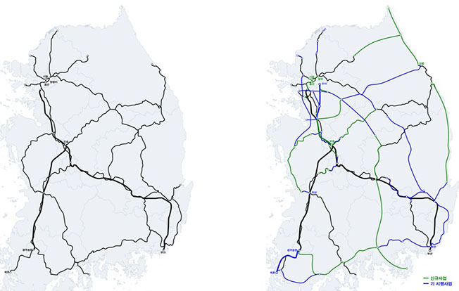 현재 철도망(좌측)과 계획완료 후 철도망 ⓒ한국교통연구원