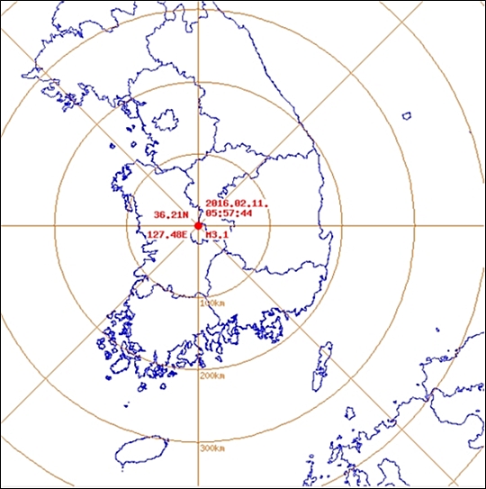 2016년 2월 11일 05시 57분 충남 금산군 북쪽 12km에서 지진이 발생했다. ⓒ기상청