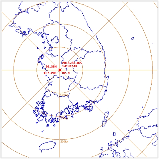 3월 2일 오후 2시 04분 43초쯤 충남 공주시 남동쪽 12km 지역에서 규모 2.4의 지진이 발생했다. ⓒ기상청