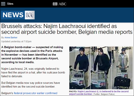 브뤼셀 공항 자폭 테러의 두번째 용의자로 지목된 나짐 라크라위의 가족과 지인들이 충격 속에 시리아로 향하기 전까지는 다정하고 똑똑한 사람이었다고 증언했다. 사진은 ABC 뉴스 보도화면 캡처.