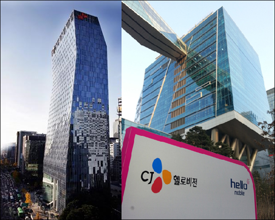 SK텔레콤 서울 을지로 사옥(왼쪽)과 CJ헬로비전 서울 상암동 사옥. ⓒ각 사