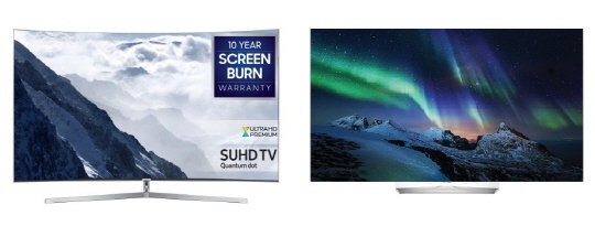 삼성전자 2016년형 퀀텀닷 SUHD TV(왼쪽)과 LG전자 올레드(OLED) TV.ⓒ삼성전자·LG전자