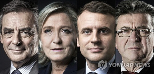 프랑스 대선 선두 4인(왼쪽부터 피용, 르펜, 마크롱, 멜랑숑)ⓒ연합뉴스