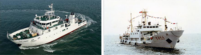 한·중 황해 해양환경 공동조사 조사 선박. 한국 조사선박인 해양환경관리공단 아라미 3호(좌측)와 중국 조사선박인 중국환경감측총참 절해환감호. ⓒ해양수산부