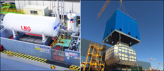 현대중공업이 울산 본사에 구축한 'LNG선 종합 실증설비'(왼쪽)와 대우조선해양이 개발한 고망간강 LNG저장탱크 '맥티브'.ⓒ현대중공업/대우조선해양