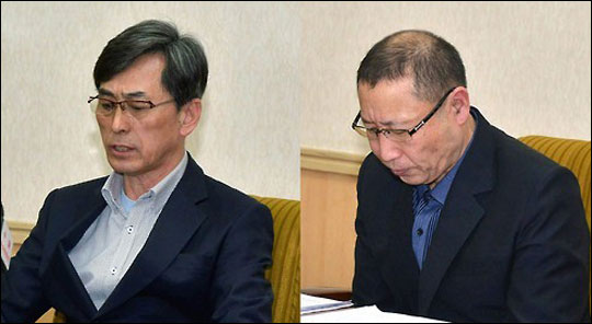 지난 2015년 3월 북한 인민문화궁전에서 열린 기자회견에 참석한 김국기 씨로 알려진 남성(왼쪽)과 최춘길 씨로 알려진 남성. ⓒ연합뉴스 