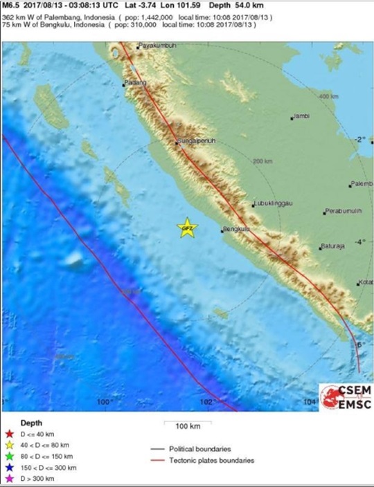 인도네시아 수마트라 섬 남부서 규모 6.5 지진.ⓒ유럽지중해지진센터(ESMC) 홈페이지 캡처
