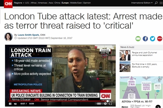 미국 매체 CNN이 런던 지하철 테러 용의자 체포 사실을 보도하고 있다 ⓒCNN 홈페이지 캡처