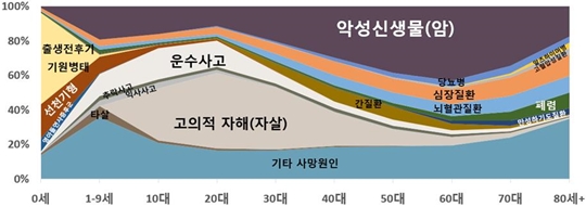 2016년 연령별 주요 사망원인 구성비 그래프 ⓒ통계청
