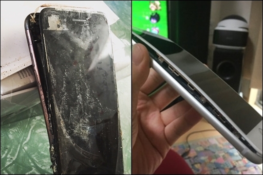 ‘아이폰7’(왼쪽)과 ‘아이폰8플러스’가 배터리 결함으로 인해 파손돼 있다. ⓒ레딧, 트위터 캡처 