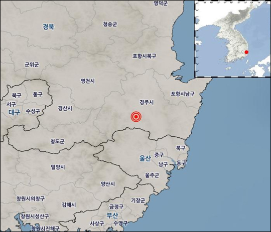 16일 오후 3시 51분께 경북 경주시 남남서쪽 6㎞ 지역에서 규모 2.5의 지진이 발생했다. ⓒ기상청