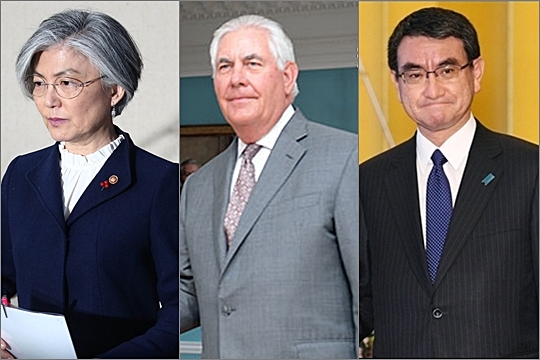 왼쪽부터 강경화 외교부 장관, 렉스 틸러슨 미국 국무장관, 고노 다로 일본 외무상 ⓒ데일리안·연합뉴스