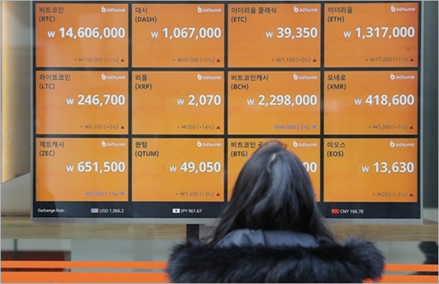 한 시민이 지난 19일 오후 서울 중구에 위치한 가상화폐 거래소에서 시세표를 보고 있다. ⓒ데일리안 홍금표 기자 
